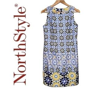 NORTHSTYLE Blue Yellow Geometric Floral Sleeveless Dress Lined Women’s 6